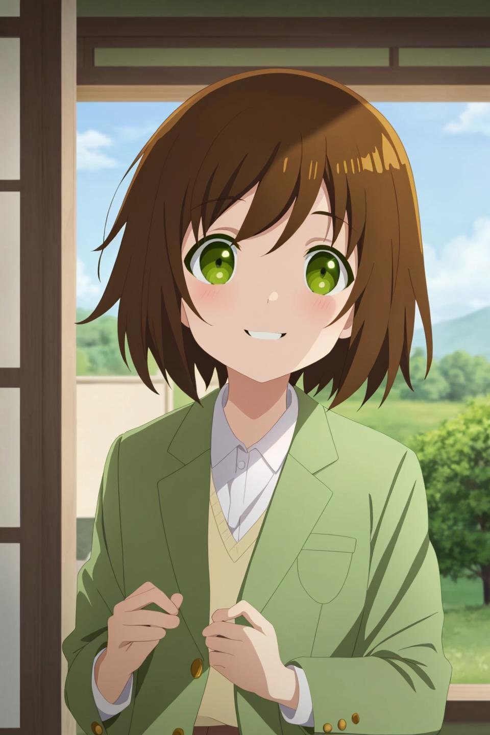 aiko, anime art style, 1girl, solo, looking_at_viewer, blush, smile, short_hair, brown_hair, green_eyes, jacket, upper_body, clenched_hands