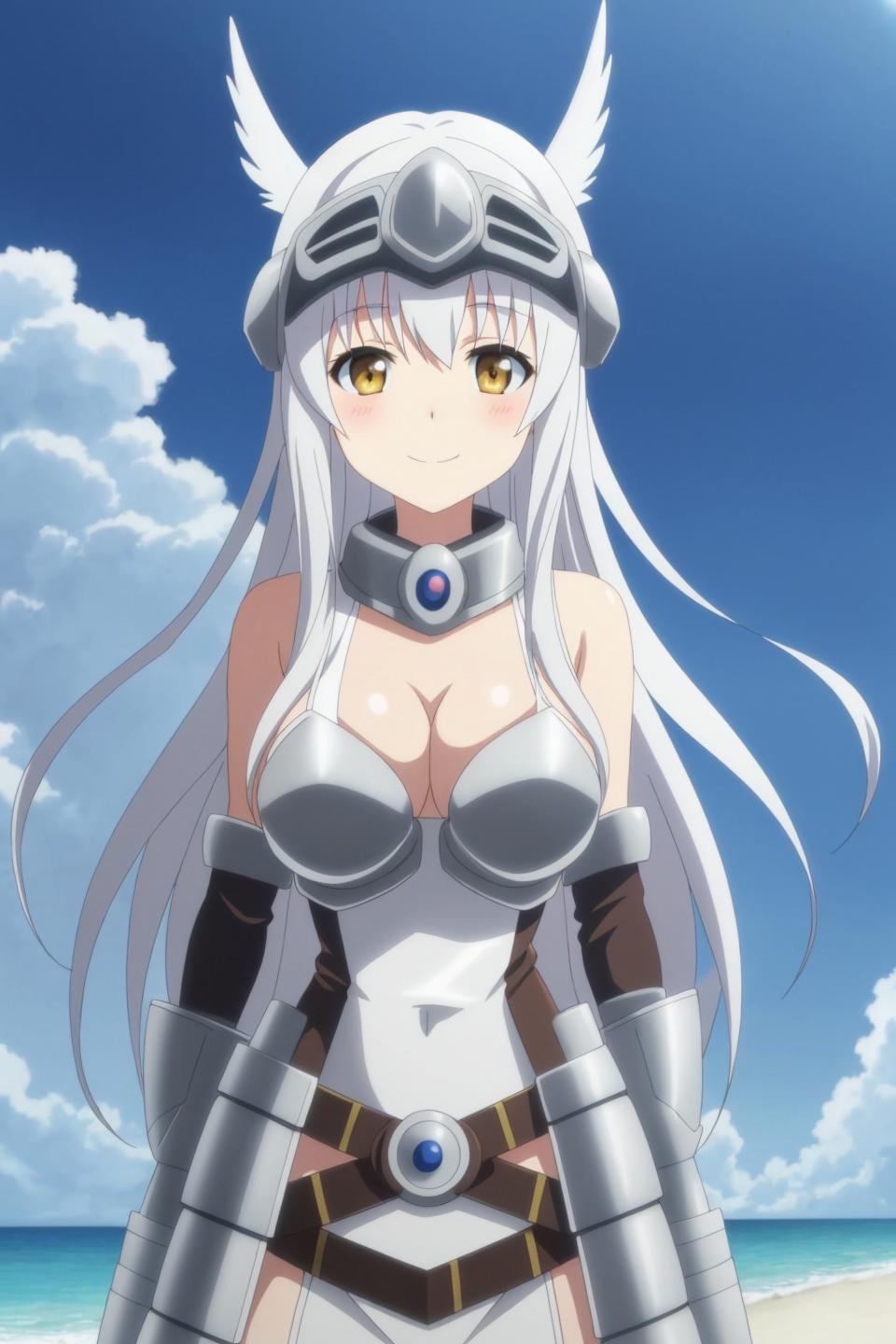 noint, anime art style, 1girl, solo, long_hair, breasts, looking_at_viewer, blush, smile, cleavage, bare_shoulders, brown_eyes, medium_breasts, yellow_eyes, upper_body, white_hair, armor, helmet, head_wings, visor_(armor)