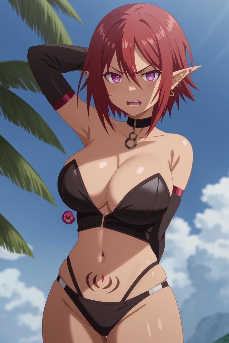 cattleya, anime art style, 1girl, solo, breasts, short_hair, open_mouth, large_breasts, gloves, navel, cleavage, bare_shoulders, jewelry, purple_eyes, red_hair, earrings, teeth, pointy_ears, elbow_gloves, dark_skin, dark-skinned_female, tree, tattoo, facial_mark, piercing, angry