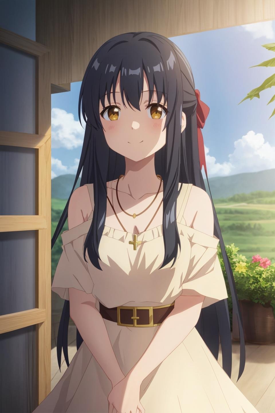 kaori, anime art style, 1girl, solo, long_hair, looking_at_viewer, blush, smile, black_hair, dress, bare_shoulders, brown_eyes, jewelry, closed_mouth, collarbone, yellow_eyes, upper_body, sky, necklace, blue_sky, cross