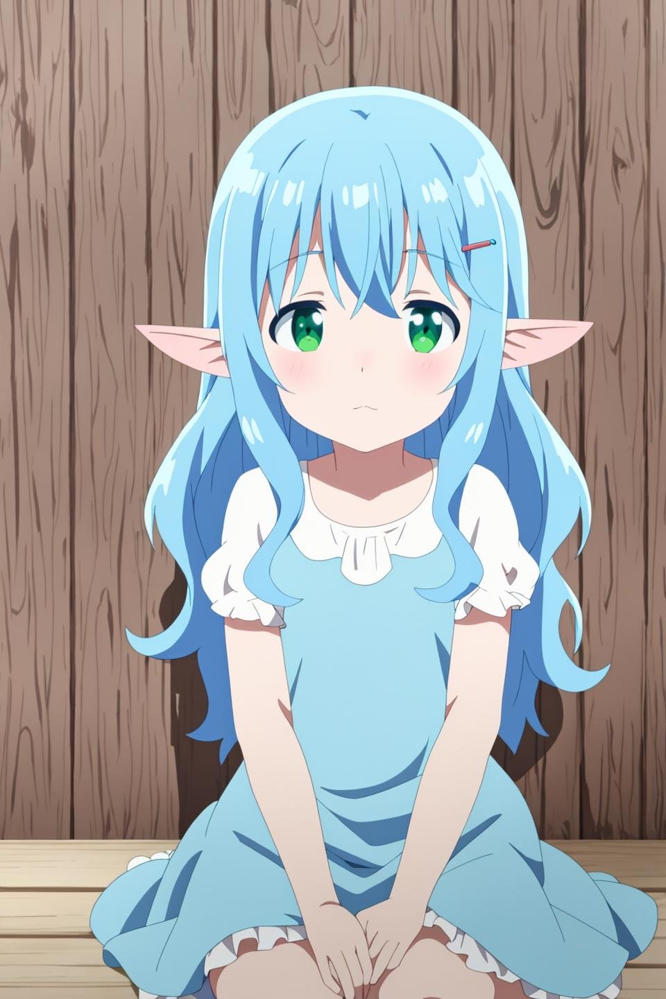 myuu, anime art style, 1girl, solo, long_hair, looking_at_viewer, hair_ornament, dress, sitting, green_eyes, blue_hair, pointy_ears, hairclip, white_dress, elf, wooden_wall