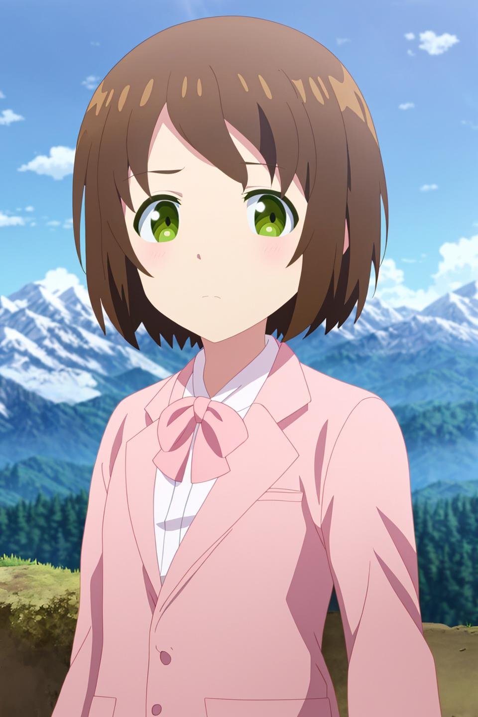 aiko, anime art style, 1girl, solo, looking_at_viewer, short_hair, brown_hair, long_sleeves, green_eyes, jacket, upper_body, outdoors, sky, day, cloud, blurry, blue_sky, frown, mountain, pink_jacket, white_bowtie