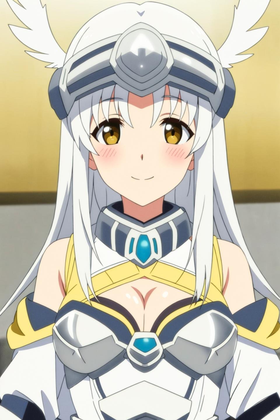 noint, anime art style, 1girl, solo, long_hair, breasts, looking_at_viewer, blush, smile, cleavage, bare_shoulders, brown_eyes, medium_breasts, yellow_eyes, upper_body, white_hair, armor, helmet, head_wings, visor_(armor)