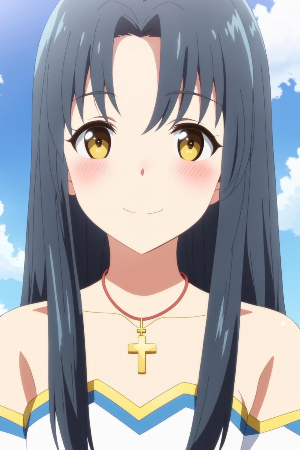 kaori, anime art style, 1girl, solo, long_hair, looking_at_viewer, blush, smile, black_hair, dress, bare_shoulders, brown_eyes, jewelry, closed_mouth, collarbone, yellow_eyes, upper_body, sky, necklace, blue_sky, cross