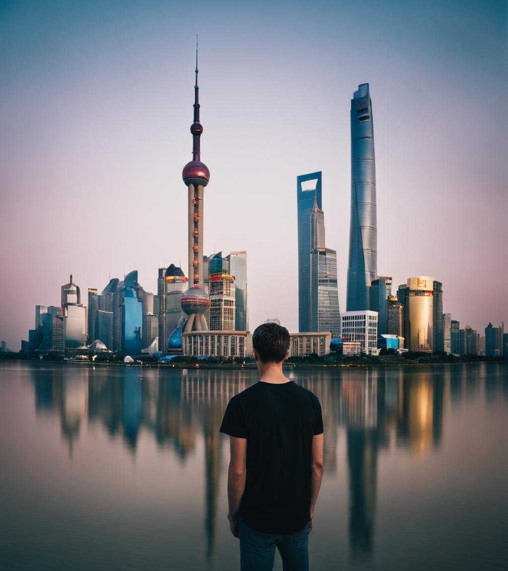 cinematic film still day time photo of a 21 years old german man, wearing black shirt and blue shorts,small tits, short [[purple]] hair, standing in front of the Shanghai skyline <lora:Shanghai_skyline-12:1>, [[reflections on the water]], birds flzing in the background <lora:offset_0.2:0.45> . shallow depth of field, vignette, highly detailed, high budget, bokeh, cinemascope, moody, epic, gorgeous, film grain, grainy