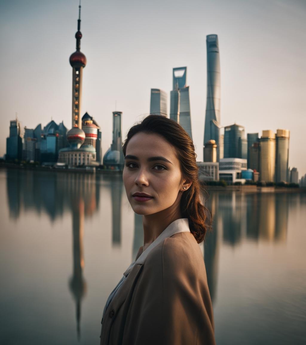 cinematic film still day time photo of a young woman, in front of the Shanghai skyline <lora:Shanghai_skyline-12:1>, [[reflections on the water]] . shallow depth of field, vignette, highly detailed, high budget, bokeh, cinemascope, moody, epic, gorgeous, film grain, grainy