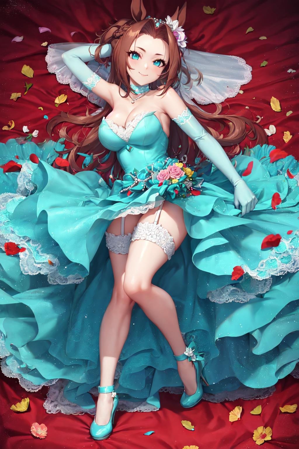 masterpiece, best quality,kawakami princess \(umamusume\),closed mouth, smile,full body,  petals, official alternate costume, hair ornament, hair flower, tiara, bridal veil, frilled choker, blue choker, pearl necklace, jewelry, collarbone, wedding dress, strapless dress, aqua dress, bare shoulders, cleavage, elbow gloves, wrist cuffs, white gloves, bridal garter, aqua footwear, high heels<lora:kawakami_princess_loha:0.7>