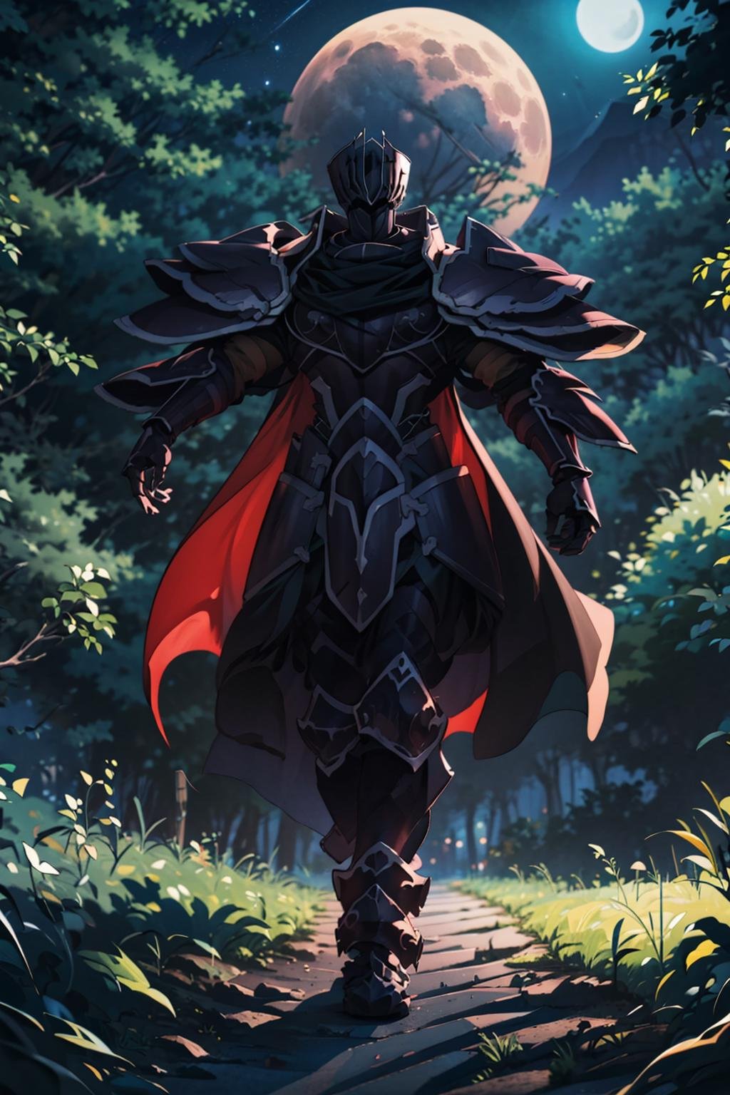 <lora:BlackKnight:.9>, BlackKnight_fe, 1man, solo, focus, Armor, Cape, Helmet, from the front, (open arms:1.1), walking, full body, (backlit, silhouette, night, moonlit, dark:1.1), forest