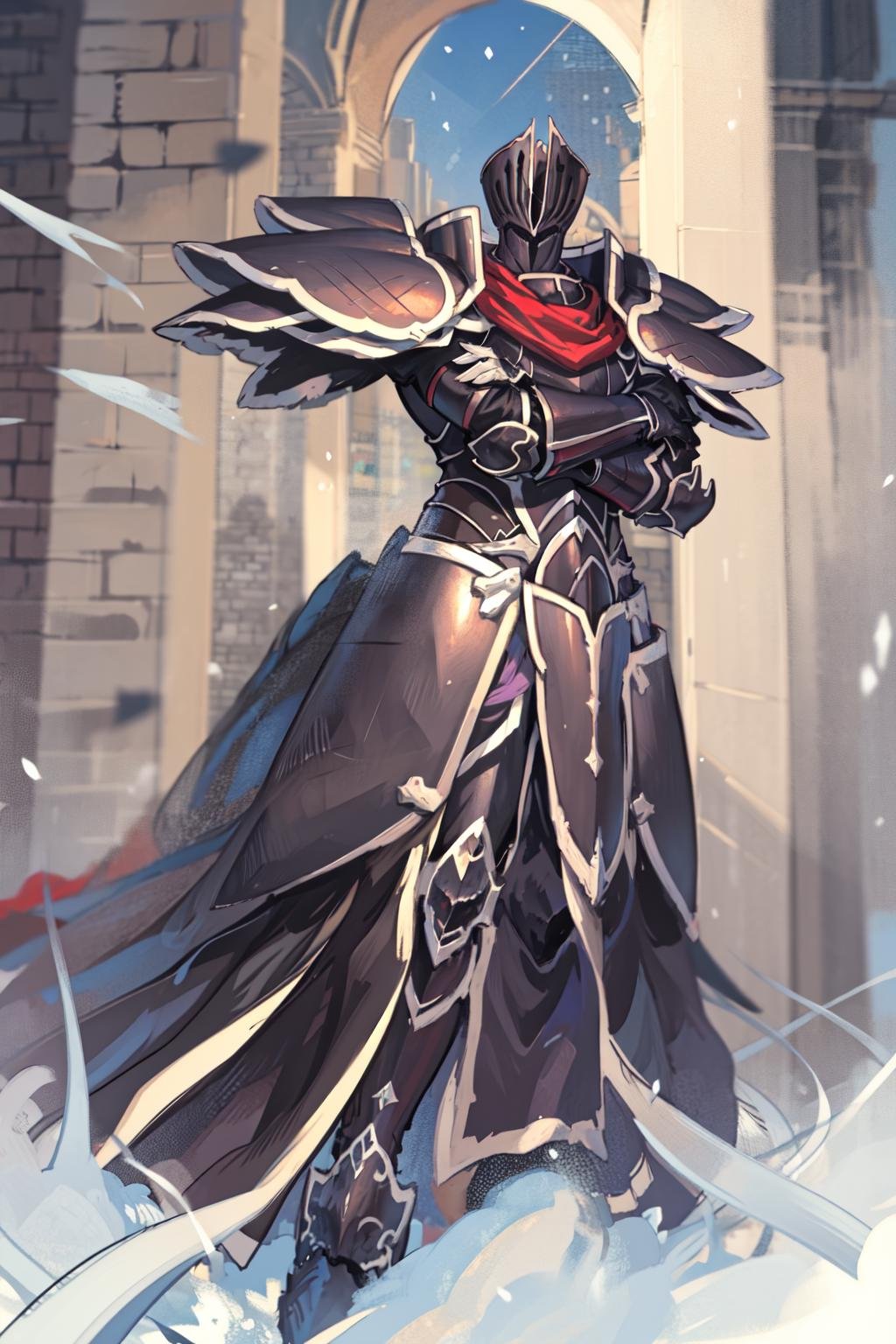 (masterpiece, best quality, detailed:1.2), <lora:BlackKnight:.9> BlackKnight_fe, armor, helmet, cape, from below, foreshortening, crossed arms, sky background, castle, snowing