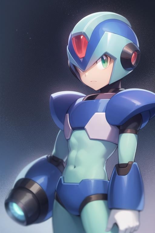 x_megamanx, solo, 1boy, male focus, helmet, android, blue armor, green eyes, masterpiece, high quality, arm cannon, <lora:X_MegaMan_X_V-08:0.9>