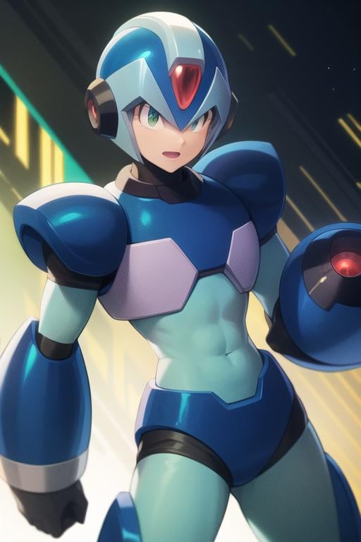 x_megamanx, solo, 1boy, male focus, helmet, android, blue armor, green eyes, masterpiece, high quality, arm cannon, <lora:X_MegaMan_X_V-08:0.9>