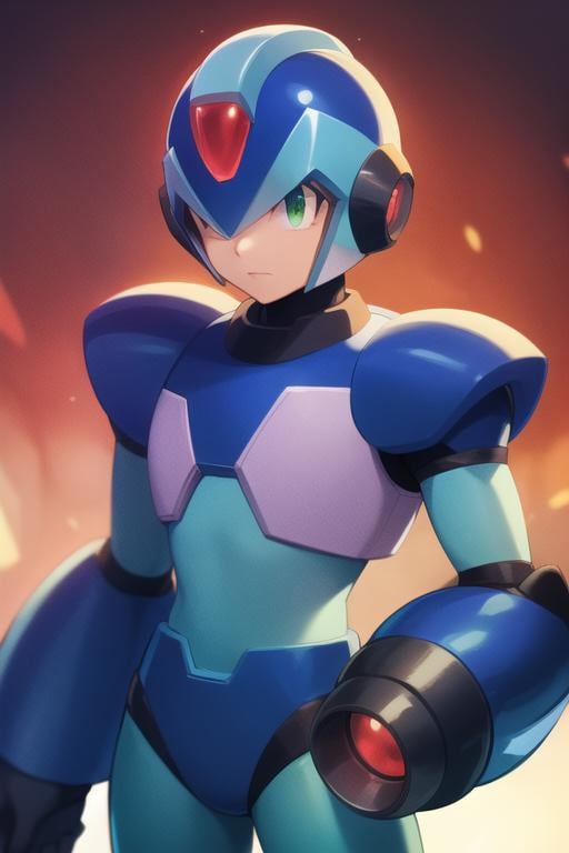 x_megamanx, solo, 1boy, male focus, helmet, android, blue armor, green eyes, masterpiece, high quality, arm cannon, <lora:X_MegaMan_X_V-08:0.9>