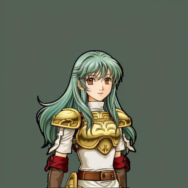 Cavalier, 1girl, solo, simple background, green background, long hair, armor, black hair, belt, breastplate, orange eyes, shoulder armor, sidelocks, gloves, brown eyes, looking at viewer, upper body, Astrid (Fire Emblem), Astrid (Fire Emblem: Path of Radiance), Astrid (Fire Emblem: Radiant Dawn), Halfbody, Tellius-Style, FE9-Style, Vanilla Fire Emblem, No Frames, <lora:FE9 v5 Thick:1>