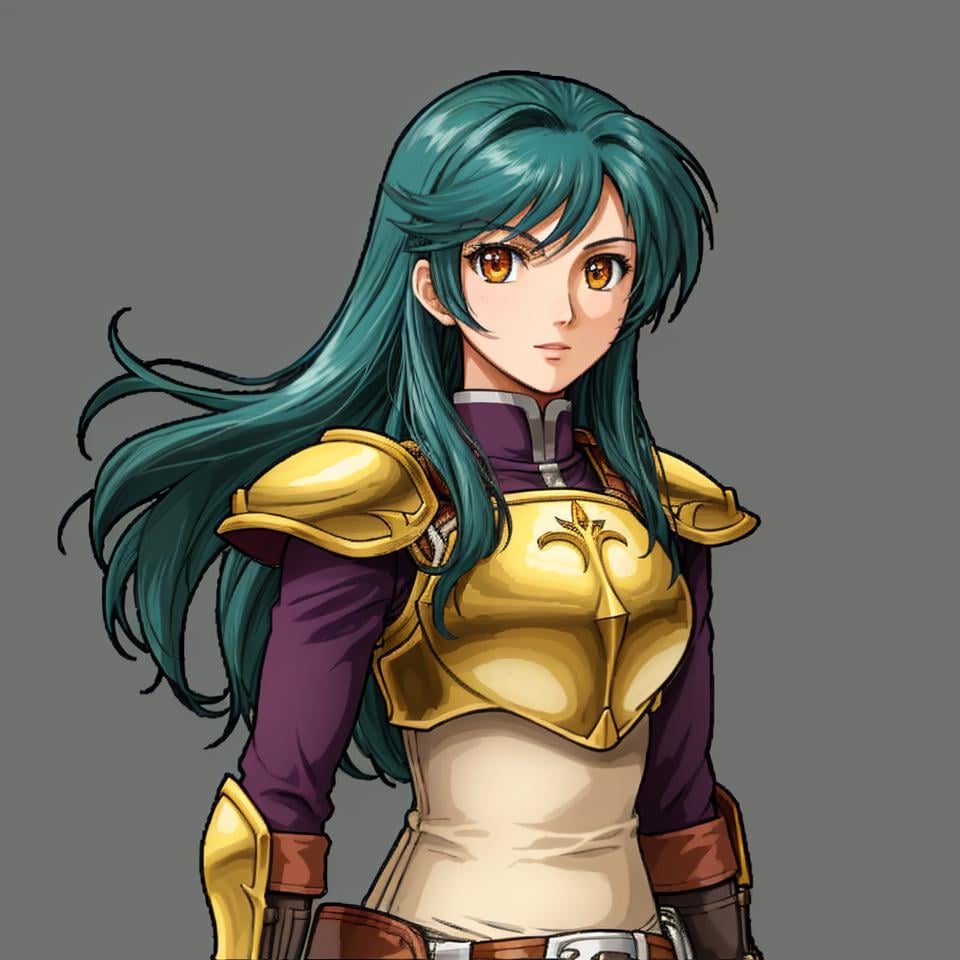 Cavalier, 1girl, solo, simple background, green background, long hair, armor, black hair, belt, breastplate, orange eyes, shoulder armor, sidelocks, gloves, brown eyes, looking at viewer, upper body, Astrid (Fire Emblem), Astrid (Fire Emblem: Path of Radiance), Astrid (Fire Emblem: Radiant Dawn), Halfbody, Tellius-Style, FE9-Style, Vanilla Fire Emblem, No Frames, <lora:FE9 v5 Thick:0.7>