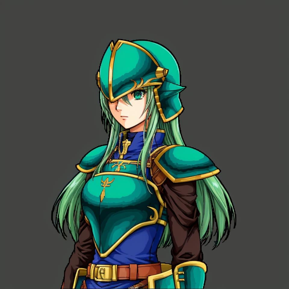 Soldier, 1girl, solo, simple background, green background, helmet, long hair, green hair, blue armor, armor, shield, green eyes, breastplate, upper body, detached sleeves, belt, closed mouth, looking at viewer, shoulder armor, Nephenee (Fire Emblem), Nephenee (Fire Emblem: Path of Radiance), Nephenee (Fire Emblem: Radiant Dawn), Halfbody, Tellius-Style, FE9-Style, Vanilla Fire Emblem, No Frames, <lora:FE9 v5 Thick:0.8>