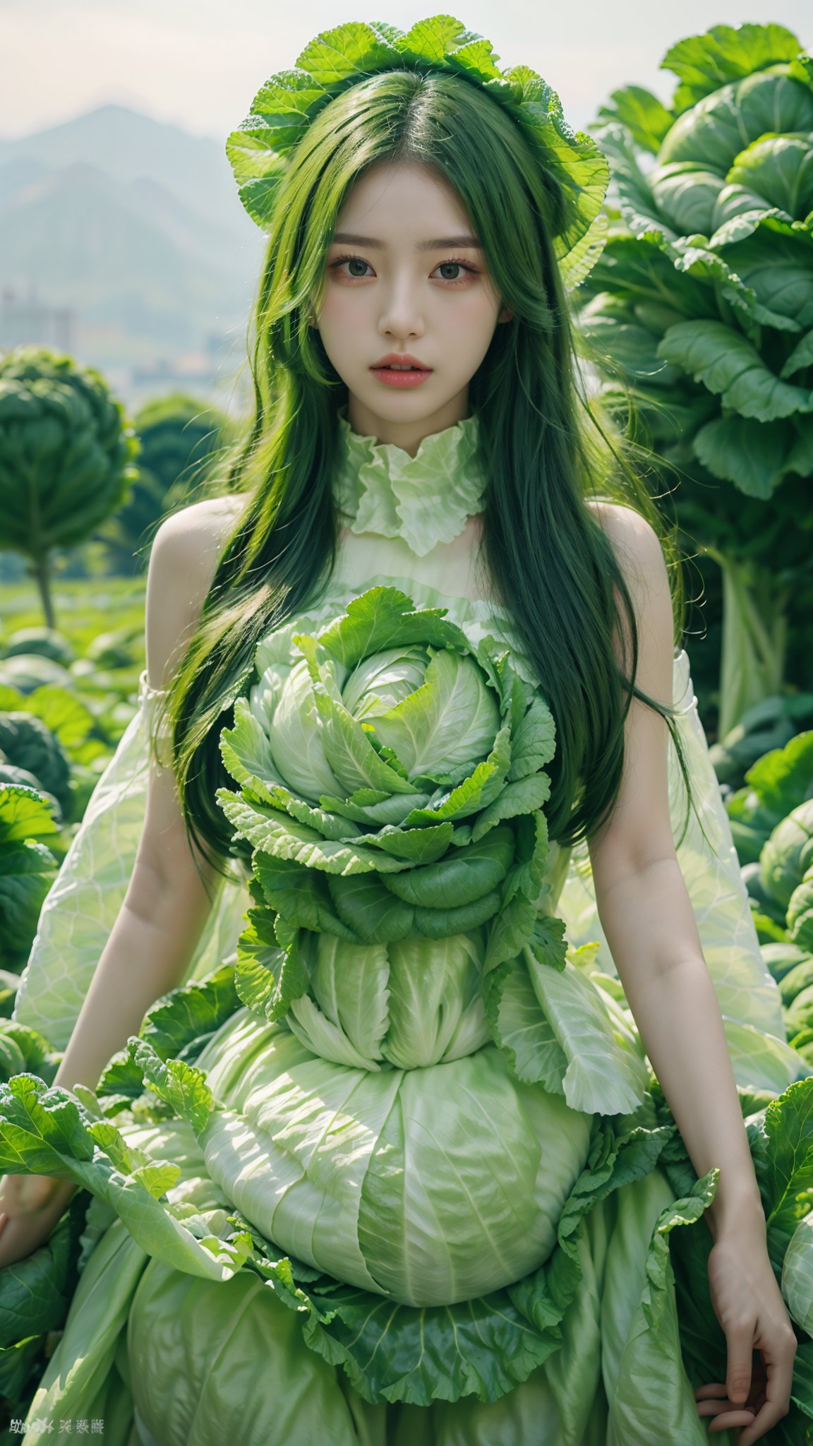 Masterpiece, super detailed, highest image quality, 1 girl, solo, long green hair, cabbage dress, exquisite jewelry, outdoor,baize,  <lora:白泽MARS:0.8>