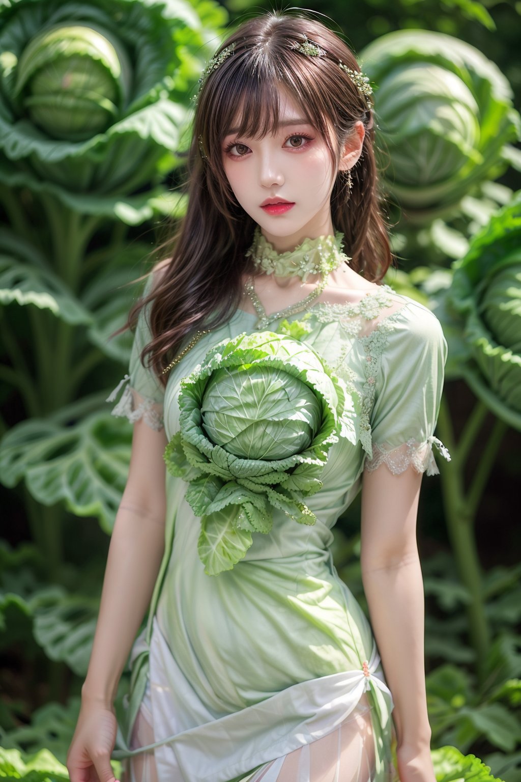 Canon RF85mm f/1.2,masterpiece,best quality,ultra highres,1 girl,standing,long legs,(korean mixed,kpop idol:1.2),solo,realistic hand,very white skin,black eyes,necklace,long_brown_wavy_ hair,red lips,eyelashes,bangs,make-up,shiny lips,Pore,skin texture,jewelry,bracelet,big breasts,((white_skinny_seifuku:1.5),(cabbage dress:1.5),(Botanical_garden_background:1.2))
