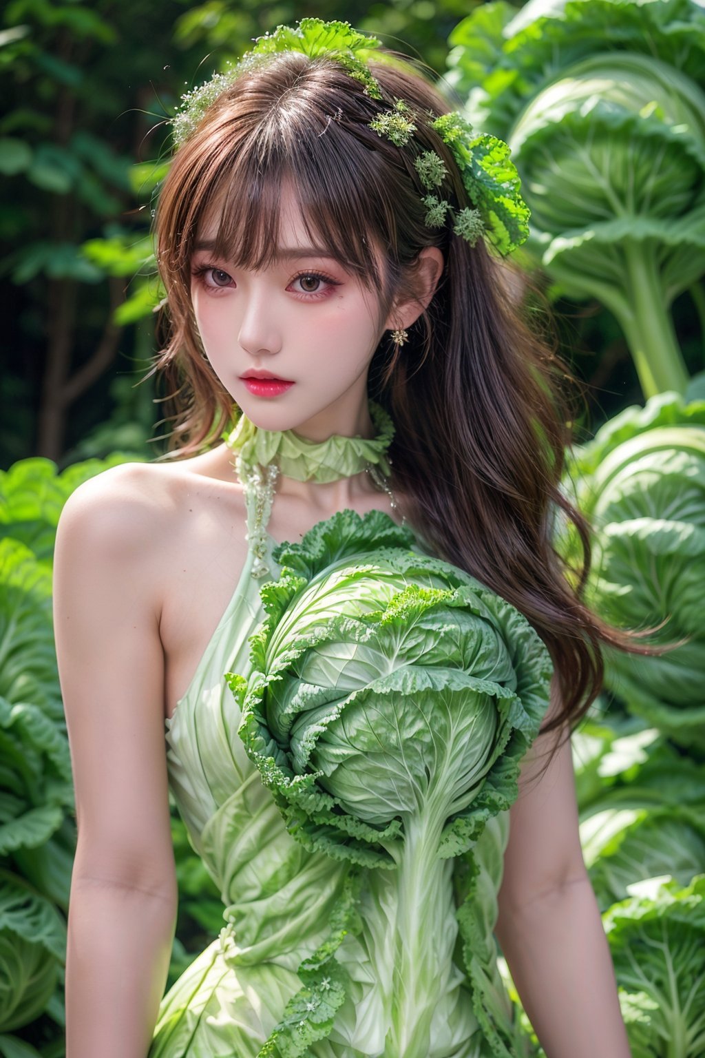 Canon RF85mm f/1.2,masterpiece,best quality,ultra highres,1 girl,standing,long legs,(korean mixed,kpop idol:1.2),solo,realistic hand,very white skin,black eyes,necklace,long_brown_wavy_ hair,red lips,eyelashes,bangs,make-up,shiny lips,Pore,skin texture,jewelry,bracelet,big breasts,((white_skinny_seifuku:1.5),(cabbage dress:1.5),(Botanical_garden_background:1.2))
