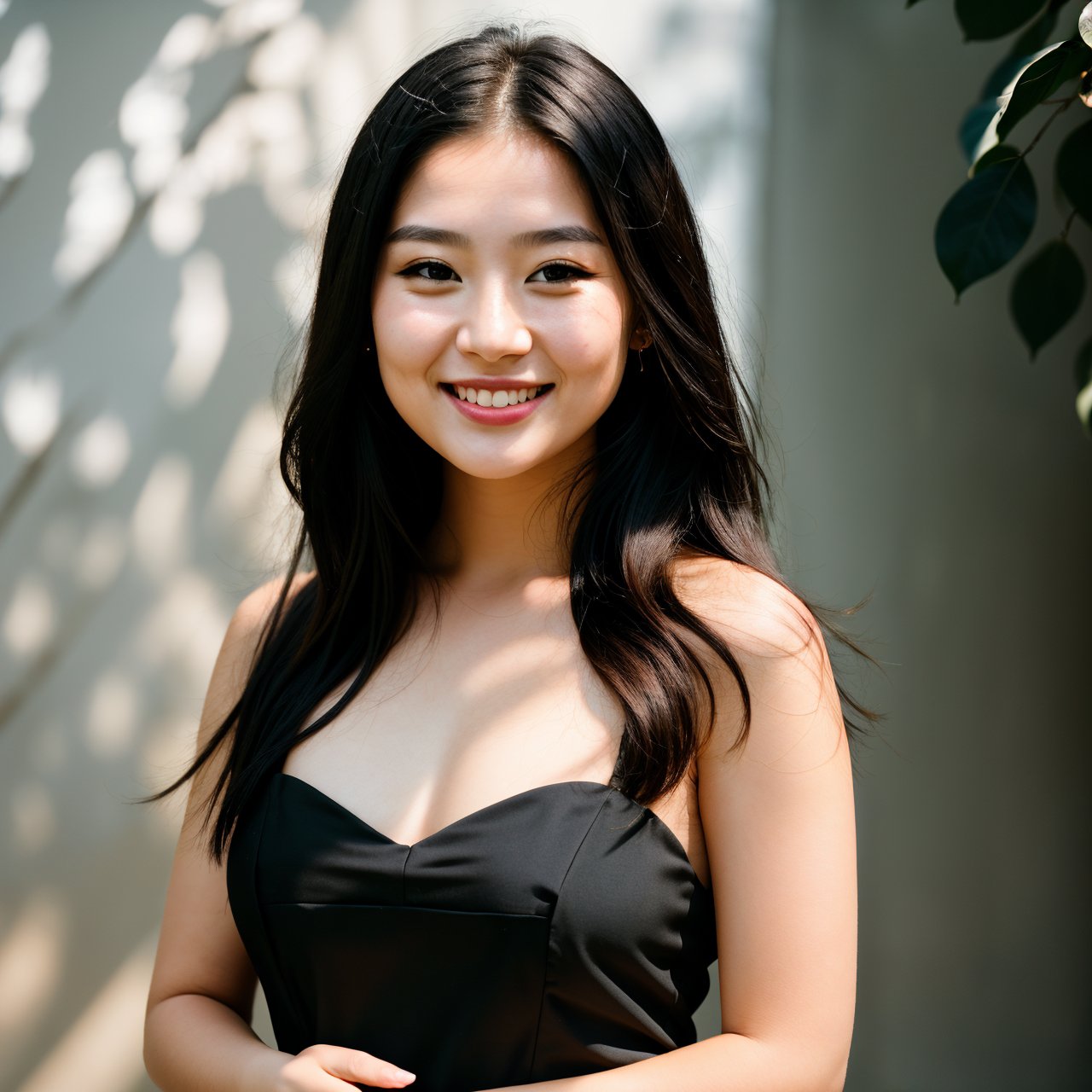 RAW photo, face portrait photo of beautiful 26 y.o woman, cute face, wearing black dress, happy face, hard shadows, cinematic shot, dramatic lighting
