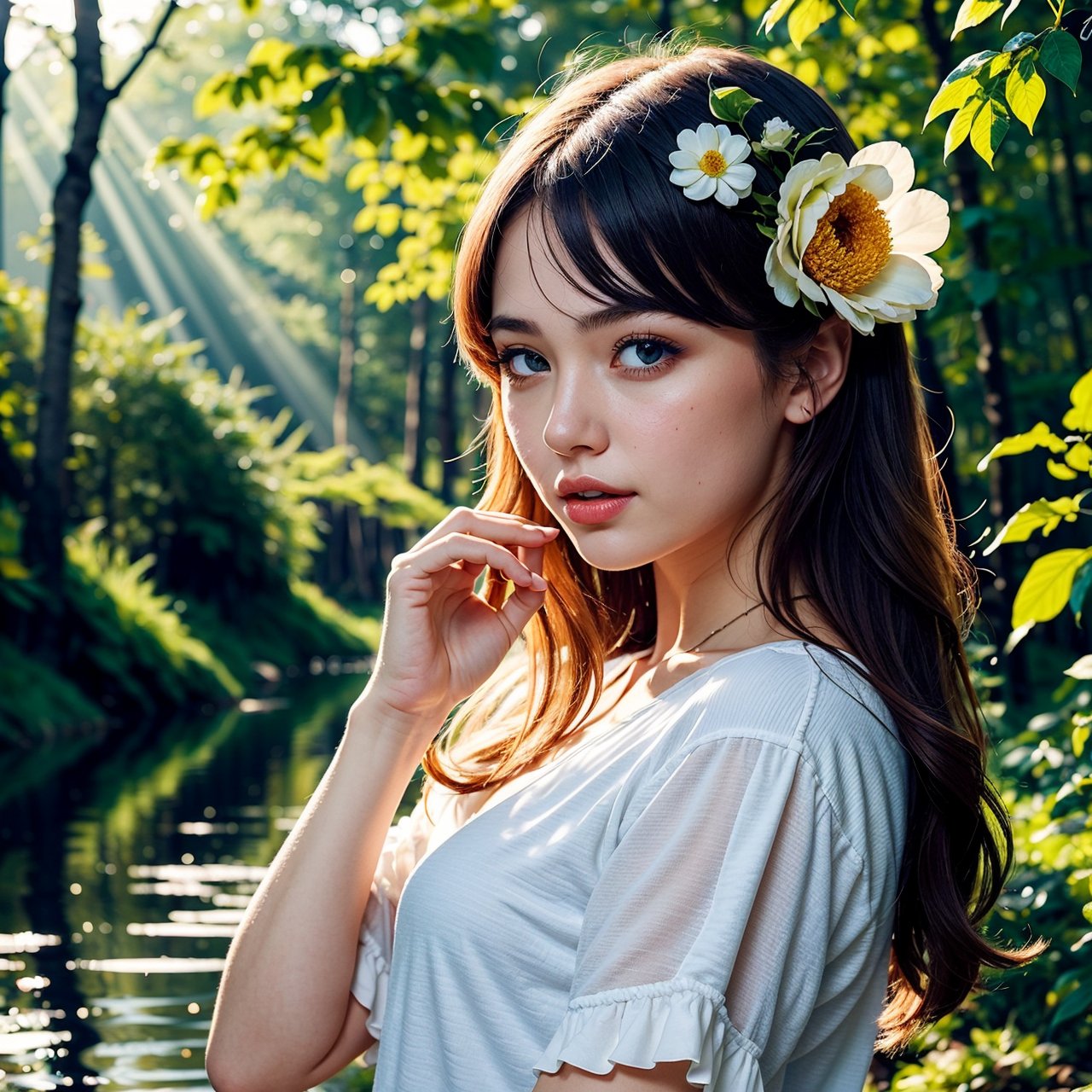 girl in a forest with floating flowers, river, puffy, puffy cheeks, cute, vibrant colors, colorful art style, soft lighting, soft shadows, detailed textures, dynamic lighting, nice hands, perfect hands,
