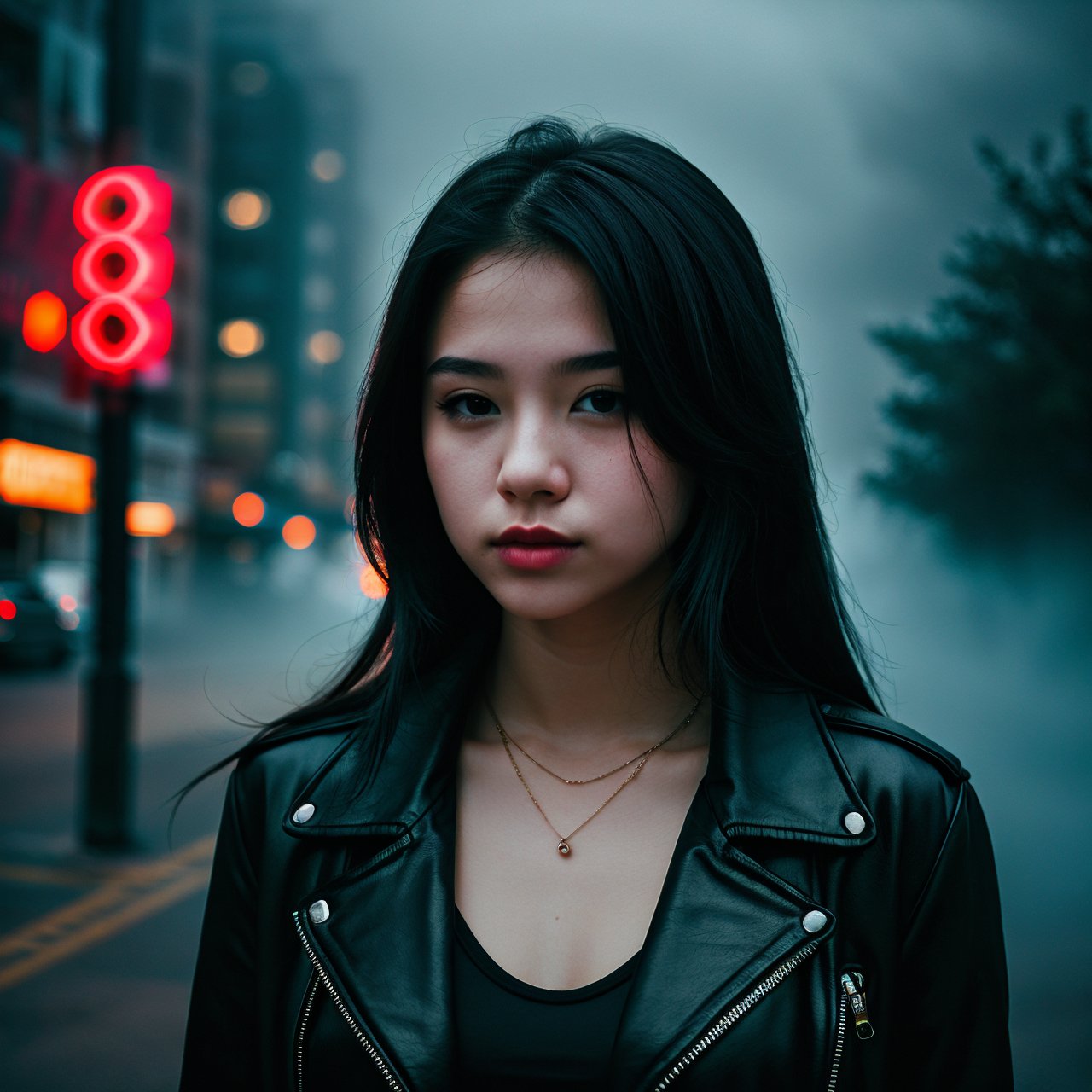 city street, neon, fog, volumetric, closeup portrait photo of young woman in dark clothes, 
,perfect