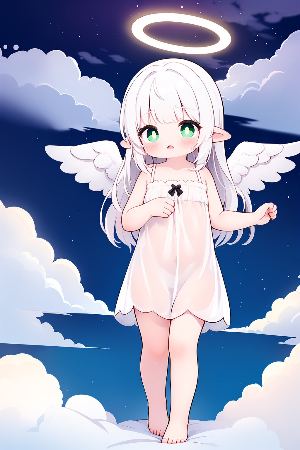 colorful, extremely detailed wallpaper,1girl, solo, (toddler,female child),barefoot,angel, (halo,ange halo), angel wings,(nightdress:1.5),collarbone, full body,ankle bow,flying, feathered wings,white wings,(above clouds:1.2), Standing on clouds,(cloud:1.2),pointy ears,white hair,gradient white hair, green inner hair,light green eyes,long hair