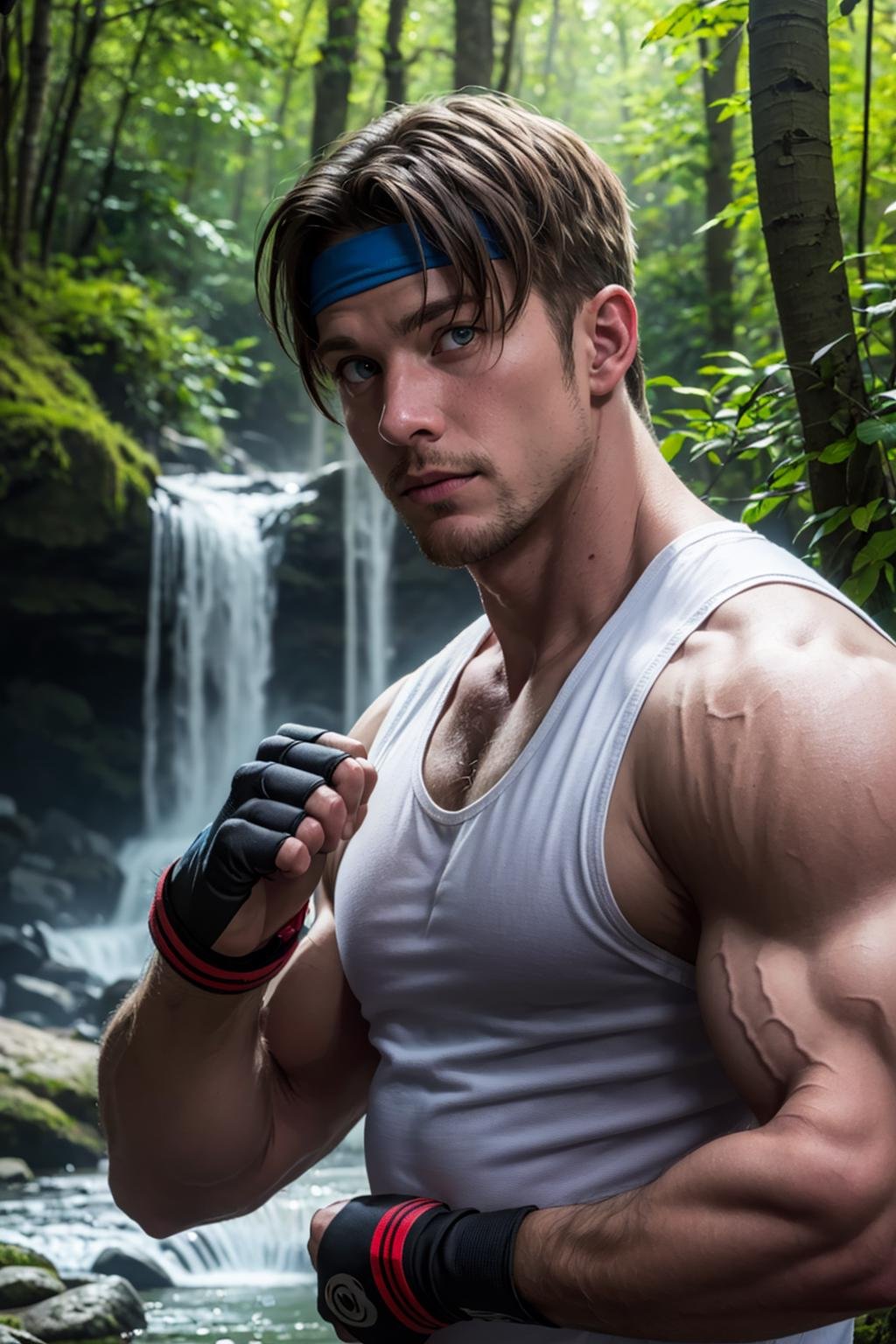 (masterpiece,  best quality:1.2), AxelStone,  1guy,  white sleeveless t-shirt,  fingerless gloves,  medium shot , ,  waterfall,  confident,  (depth of field:1.1),  perfect face,  perfect picture,  detailed eyes,  sharp, pinetrees,  outdoors, <lora:EMS-71719-EMS:1.000000>