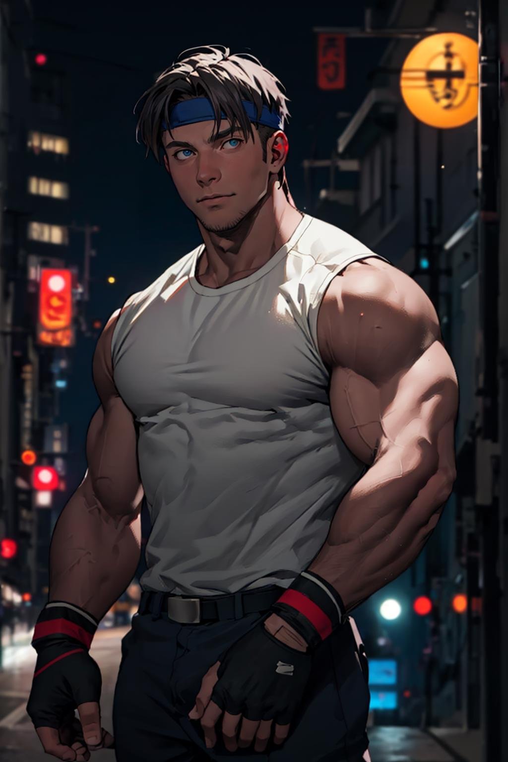 (masterpiece,  best quality:1.2), AxelStone,  1guy,  white sleeveless t-shirt,  fingerless gloves,  medium shot , city at night,  confident,  (depth of field:1.1),  perfect face,  perfect picture,  detailed eyes,  sharp, pinetrees,  outdoors, <lora:EMS-71719-EMS:1.000000>, , <lora:EMS-13102-EMS:0.800000>