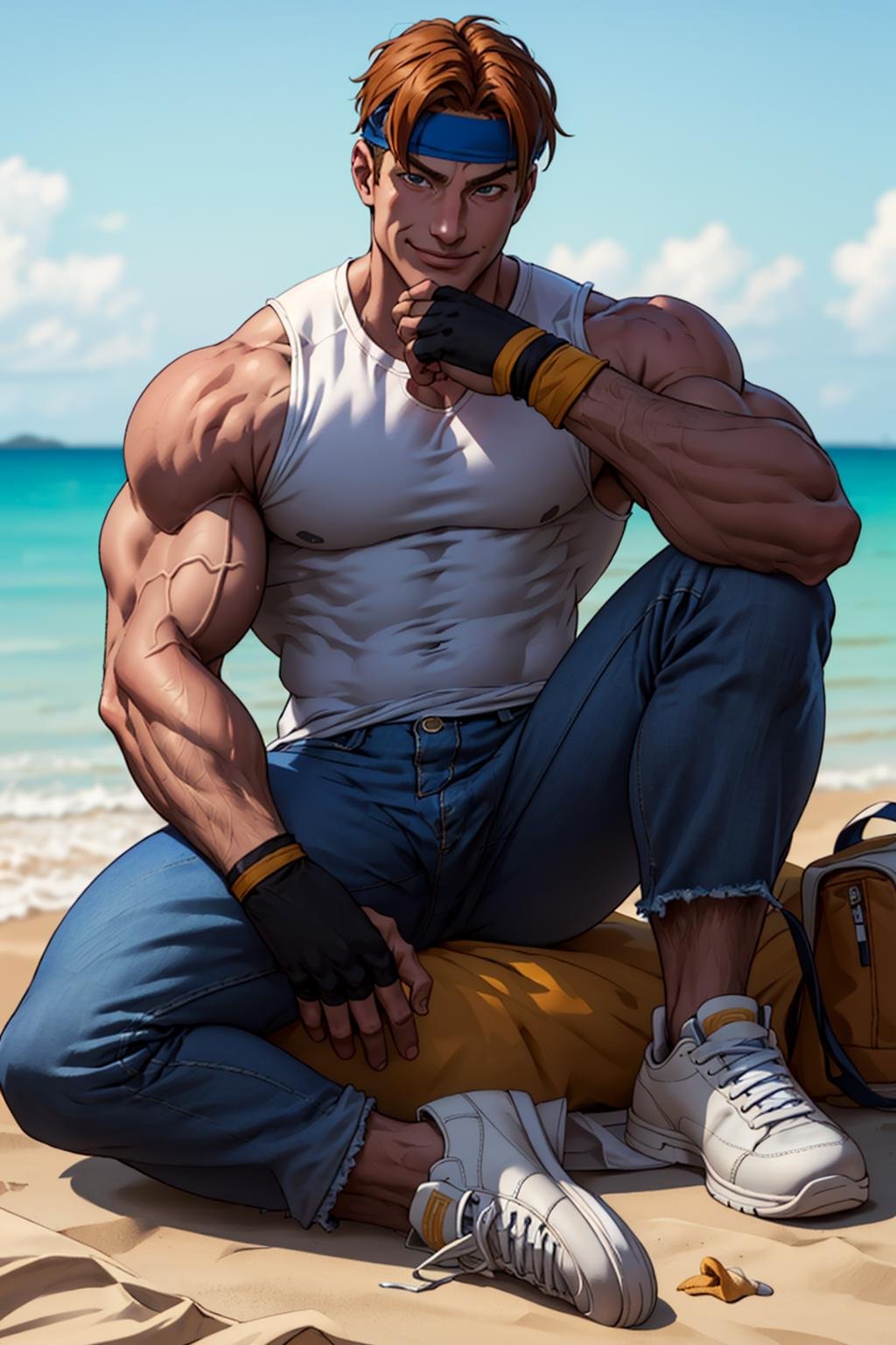 (masterpiece,  best quality:1.2), AxelStone,  headband,  1guy,  white sleeveless t-shirt,  fingerless gloves,  denim pants,  sneakers, medium shot , , sitting,  smirk,  beach, (depth of field:1.1),  perfect face,  perfect picture,  detailed eyes,  sharp picture, <lora:EMS-71719-EMS:0.950000>