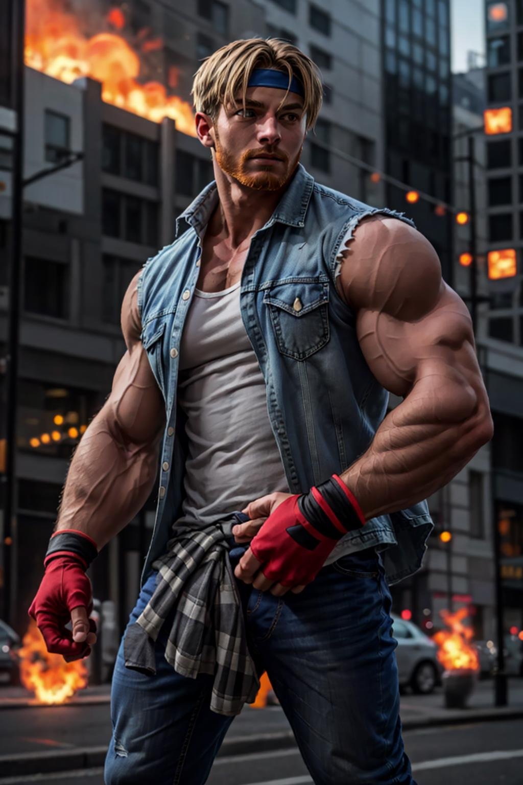 (masterpiece,  best quality:1.2), AxelStone,  1guy,  denim shirt,  white sleeveless t-shirt,  flannel jacket on hips,  denim pants,  sneakers,  fingerless gloves,  beard,  flames,  confident,  (depth of field:1.1),  perfect face,  perfect picture,  detailed eyes,  sharp, city, <lora:EMS-71719-EMS:1.000000>