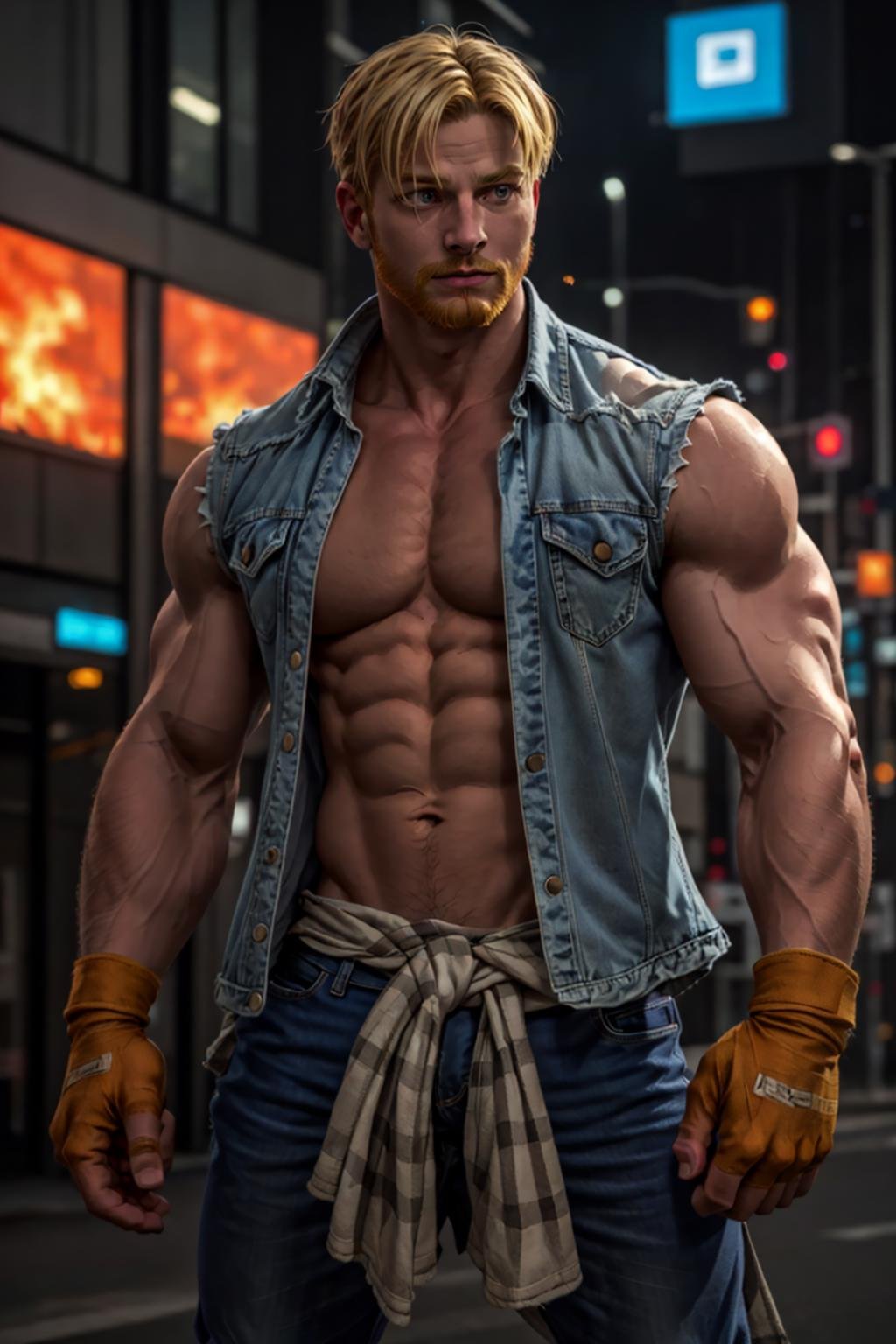 (masterpiece,  best quality:1.2), AxelStone,  1guy,  denim shirt,  white sleeveless t-shirt,  flannel jacket on hips,  denim pants,  sneakers,  fingerless gloves,  blonde beard,  full bard,  flames,  confident,  (depth of field:1.1),  perfect face,  perfect picture,  detailed eyes,  sharp, city, <lora:EMS-71719-EMS:1.000000>