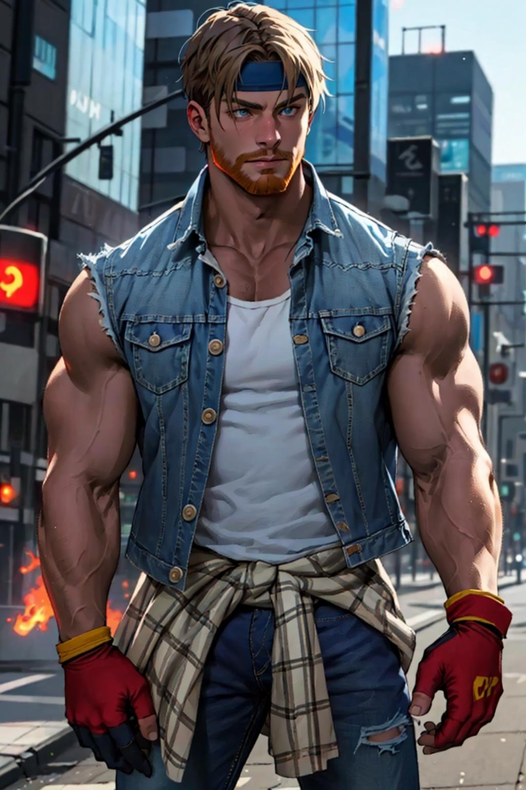 (masterpiece,  best quality:1.2), AxelStone,  1guy,  denim shirt,  white sleeveless t-shirt,  flannel jacket on hips,  denim pants,  sneakers,  fingerless gloves,  beard,  flames,  confident,  (depth of field:1.1),  perfect face,  perfect picture,  detailed eyes,  sharp, city, <lora:EMS-71719-EMS:1.000000>