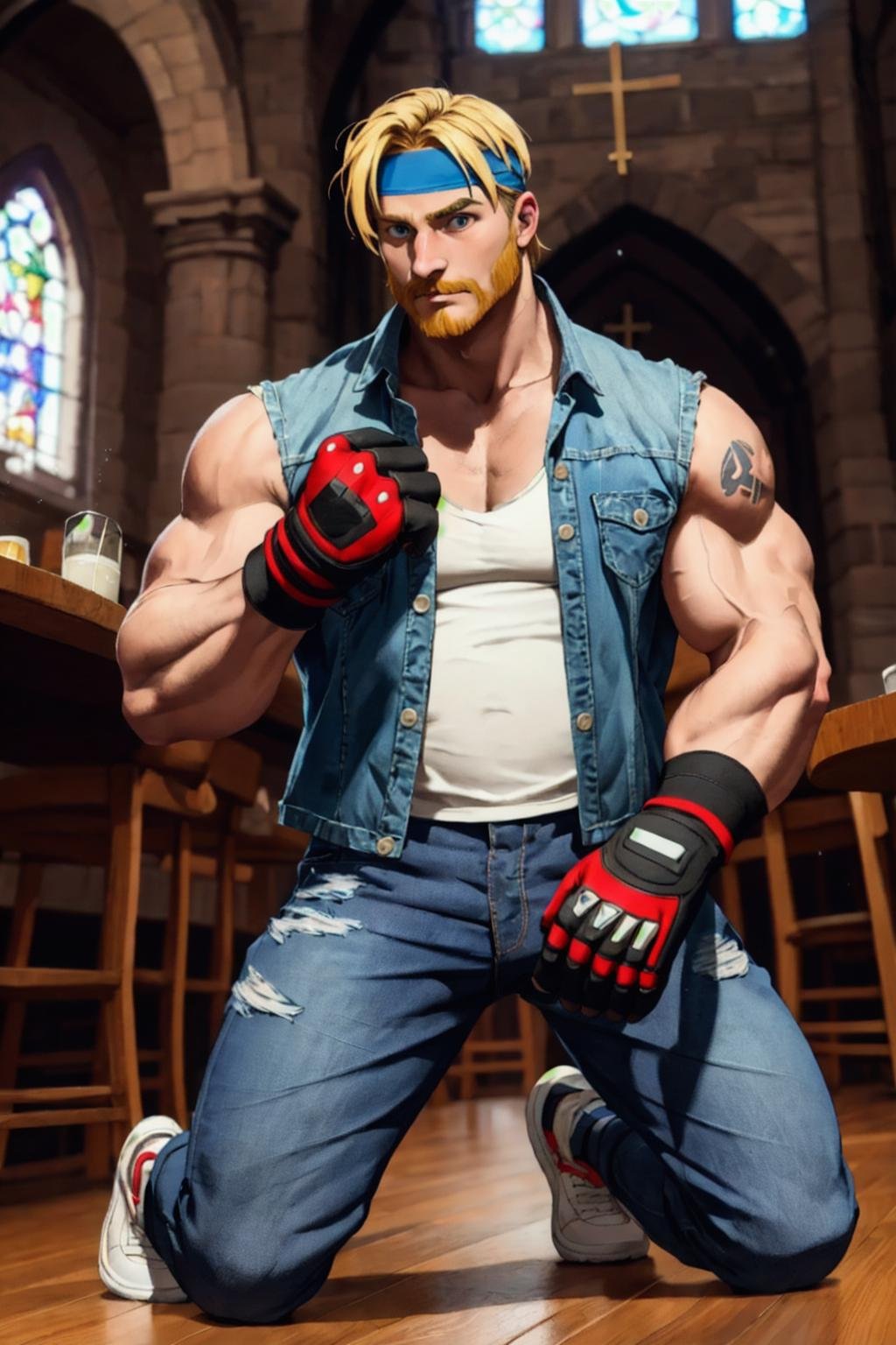 (masterpiece,  best quality:1.2), AxelStone,  1guy,  denim shirt,  white sleeveless t-shirt,  flannel jacket on hips,  head band,  kneeling,  at the pub,  denim pants,  sneakers, at the church denim pants,  sneakers,  ((fingerless gloves)),  blonde beard,  confident,  (depth of field:1.1),  perfect face,  perfect picture,  detailed eyes,  sharp, <lora:EMS-71719-EMS:1.000000>