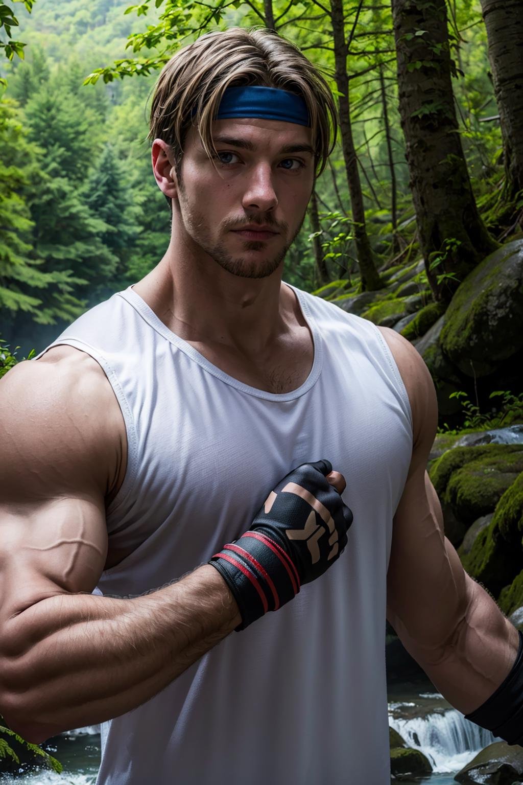 (masterpiece,  best quality:1.2), AxelStone,  1guy,  white sleeveless t-shirt,  fingerless gloves,  medium shot , ,  waterfall,  confident,  (depth of field:1.1),  perfect face,  perfect picture,  detailed eyes,  sharp, pinetrees,  outdoors, <lora:EMS-71719-EMS:1.000000>