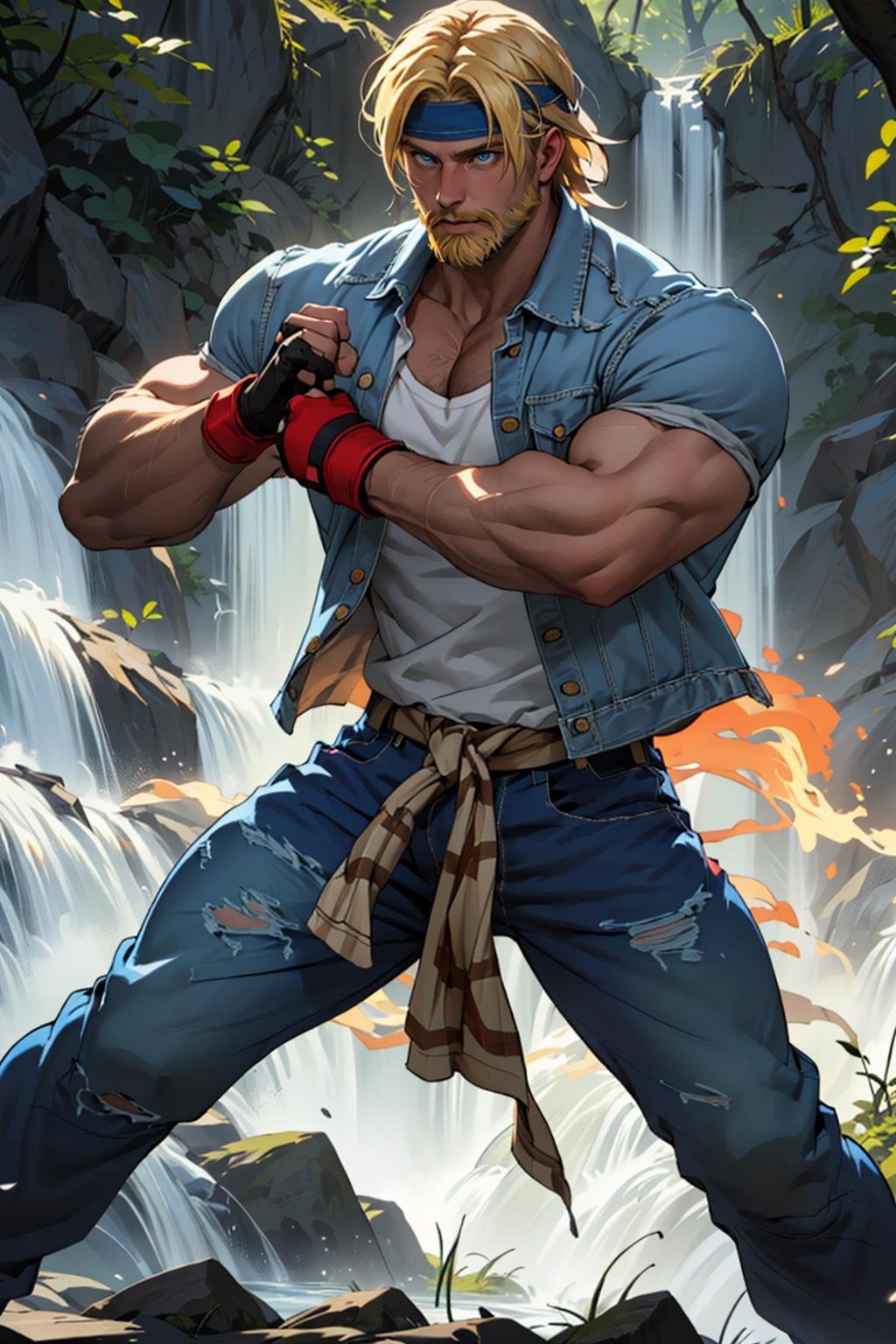 (masterpiece,  best quality:1.2), AxelStone,  1guy,  denim shirt,  white sleeveless t-shirt,  fighting pose,  waterfall,  flannel jacket on hips,  denim pants,  sneakers,  fingerless gloves,  (( full blonde beard)), blonde hair,  flames on hand,  confident,  (depth of field:1.1),  perfect face,  perfect picture,  detailed eyes,  sharp, <lora:EMS-71719-EMS:1.000000>, , <lora:EMS-34736-EMS:0.300000>