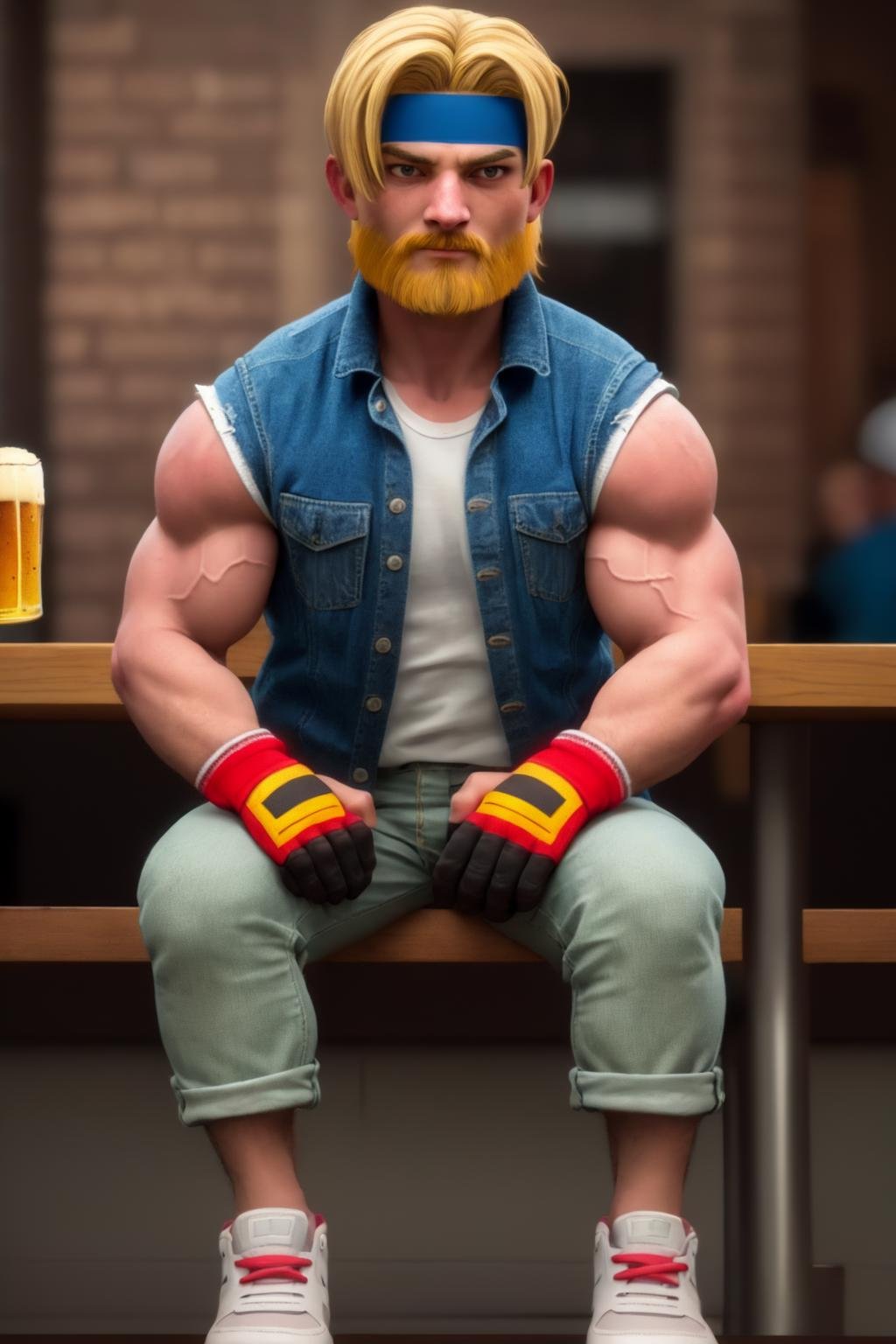 (masterpiece,  best quality:1.2), AxelStone,  1guy,  denim shirt,  white sleeveless t-shirt,  flannel jacket on hips,  head band,  holding beer pint,  sitting,  at the pub,  denim pants,  sneakers,  fingerless gloves,  blonde beard,  confident,  (depth of field:1.1),  perfect face,  perfect picture,  detailed eyes,  sharp, <lora:EMS-71719-EMS:1.000000>