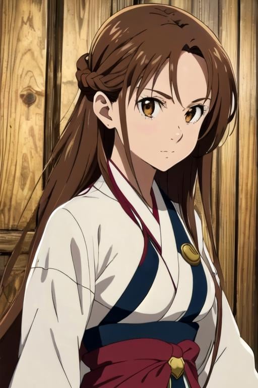 masterpiece, best quality, movie still, 1girl, japanese costume, <lora:asuna_(sao)_v1:0.65>, aaasuna, long hair, brown hair, braid, brown eyes, solo, looking at viewer, upper body, , , realistic, islamic golden age, HD-DVD, <lora:nanatsu_no_taizai_style:0.93>, nanatsu_no_taizai_style