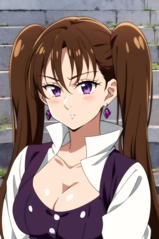 masterpiece, best quality, , 1girl, brown hair, purple eyes, twintails, <lora:nanatsu_no_taizai_style:1>, nanatsu_no_taizai_style