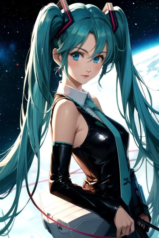 masterpiece, best quality, movie still, 1girl, , hatsune miku, blue eyes, blue hair, solo, looking at viewer, , , , realistic, science fiction space western, 16k resolution, <lora:nanatsu_no_taizai_style:0.95>, nanatsu_no_taizai_style