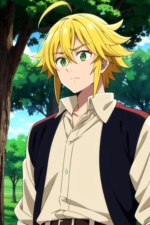 masterpiece, best quality, movie still, 1boy, male focus, green eyes, blonde hair, ahoge, <lora:nanatsu_no_taizai_style:0.83>, nanatsu_no_taizai_style