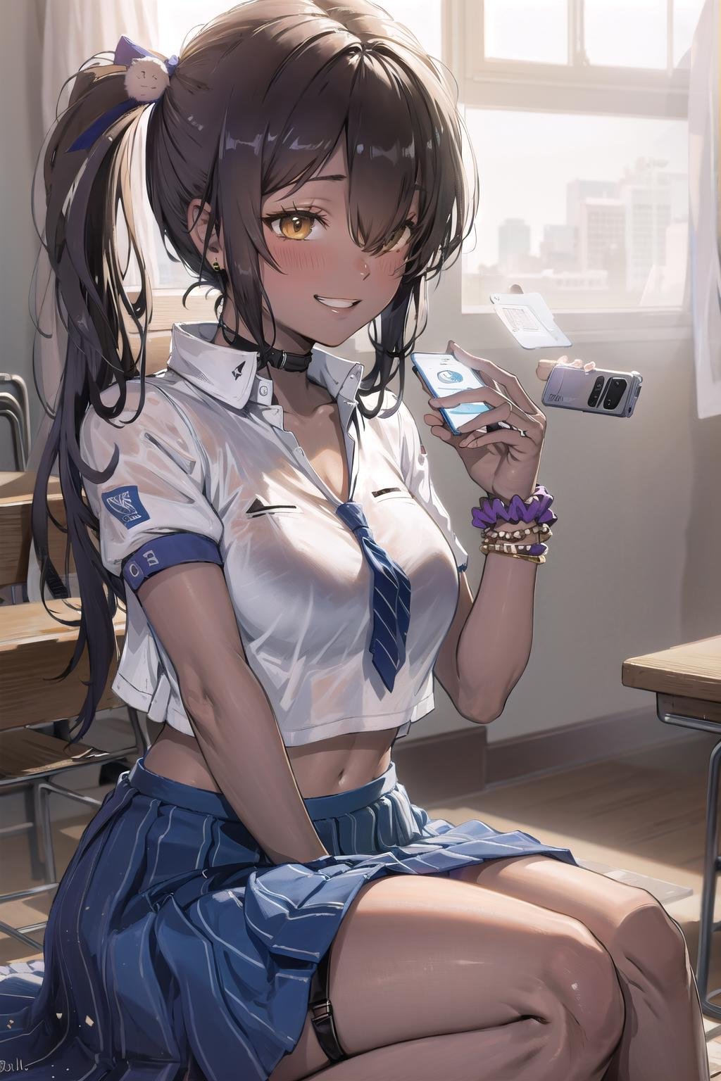 (masterpiece:1.3),(highly detailed:1.3),(highres:1.1),best quality,Ultra-detail,1girl,solo,school,jelo-naga \(nikke\),side ponytail,hair ribbon,choker,crop top,necktie,bracelet,skirt,thigh strap,holding phone,grin,blush,<lora:naga_nikke:1>,