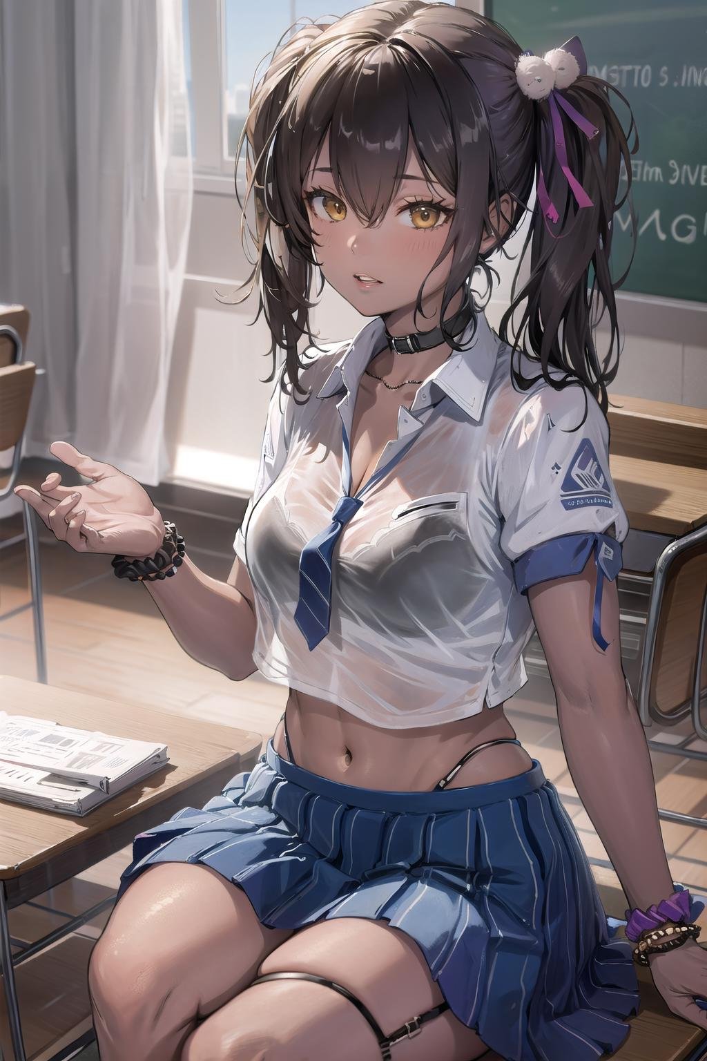 (masterpiece:1.3),(highly detailed:1.3),(highres:1.1),best quality,Ultra-detail,1girl,solo,sitting,school,jelo-naga \(nikke\),side ponytail,hair ribbon,choker,crop top,bra visible through shirt,necktie,bracelet,skirt,thigh strap,<lora:naga_nikke:1>,