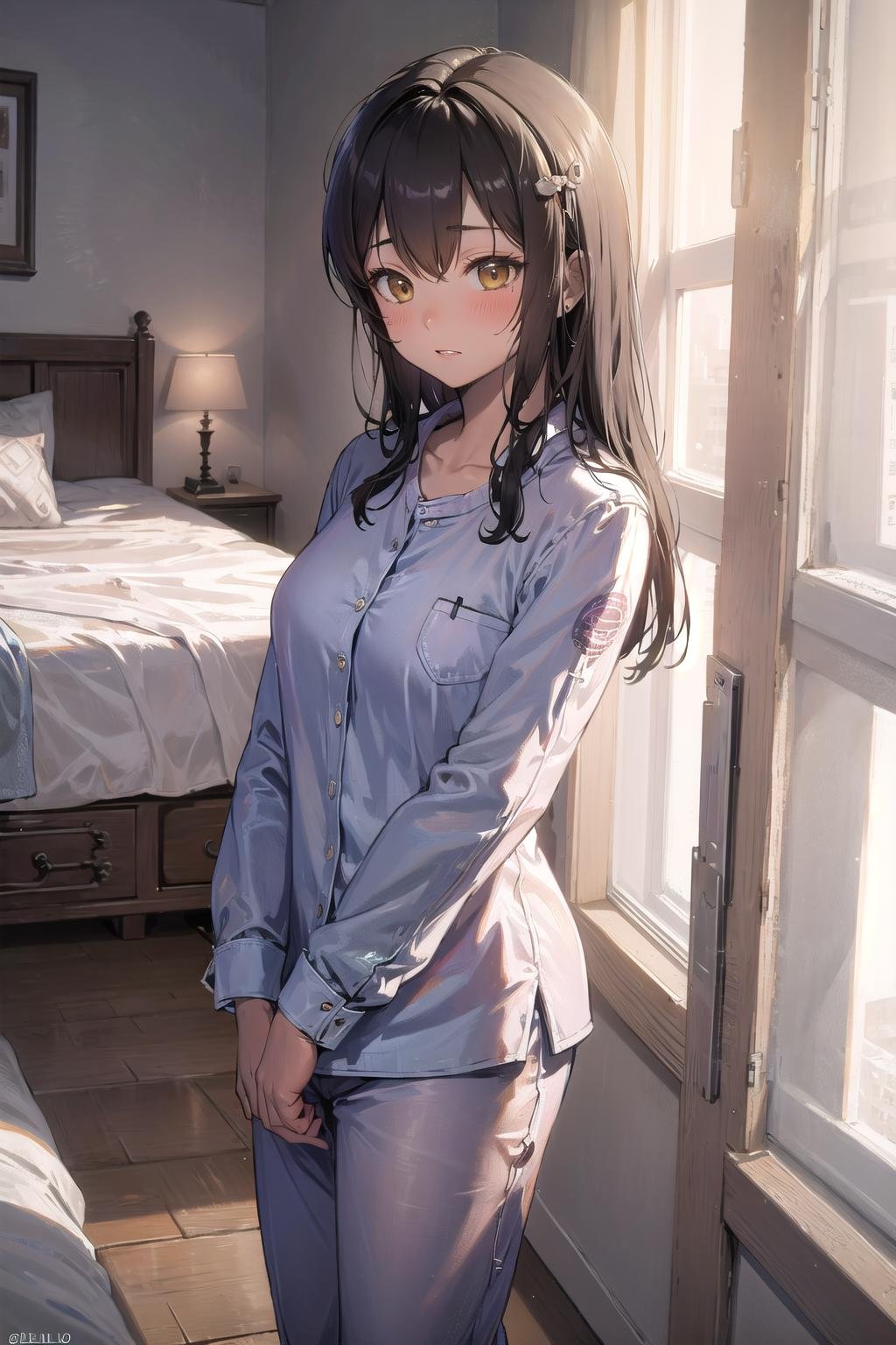 (masterpiece:1.3),(highly detailed:1.3),(highres:1.1),best quality,Ultra-detail,1girl,solo,bedroom,jelo-naga \(nikke\),straight hair,pijama,embarrassed,blush,<lora:naga_nikke:0.7>,