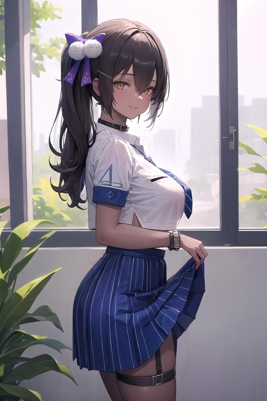 (masterpiece:1.3),(highly detailed:1.3),(highres:1.1),best quality,Ultra-detail,standing,1girl,solo,from side,skirt lift,lifted by self,jelonaga,side ponytail,hair ornament,hairclip,white shirt,bra visible through clothes,breast pocket,black choker,blue necktie,purple scrunchie,bracelet,blue skirt,thigh strap,looking at viewer,happy,<lora:naga_nikkev2:1>,