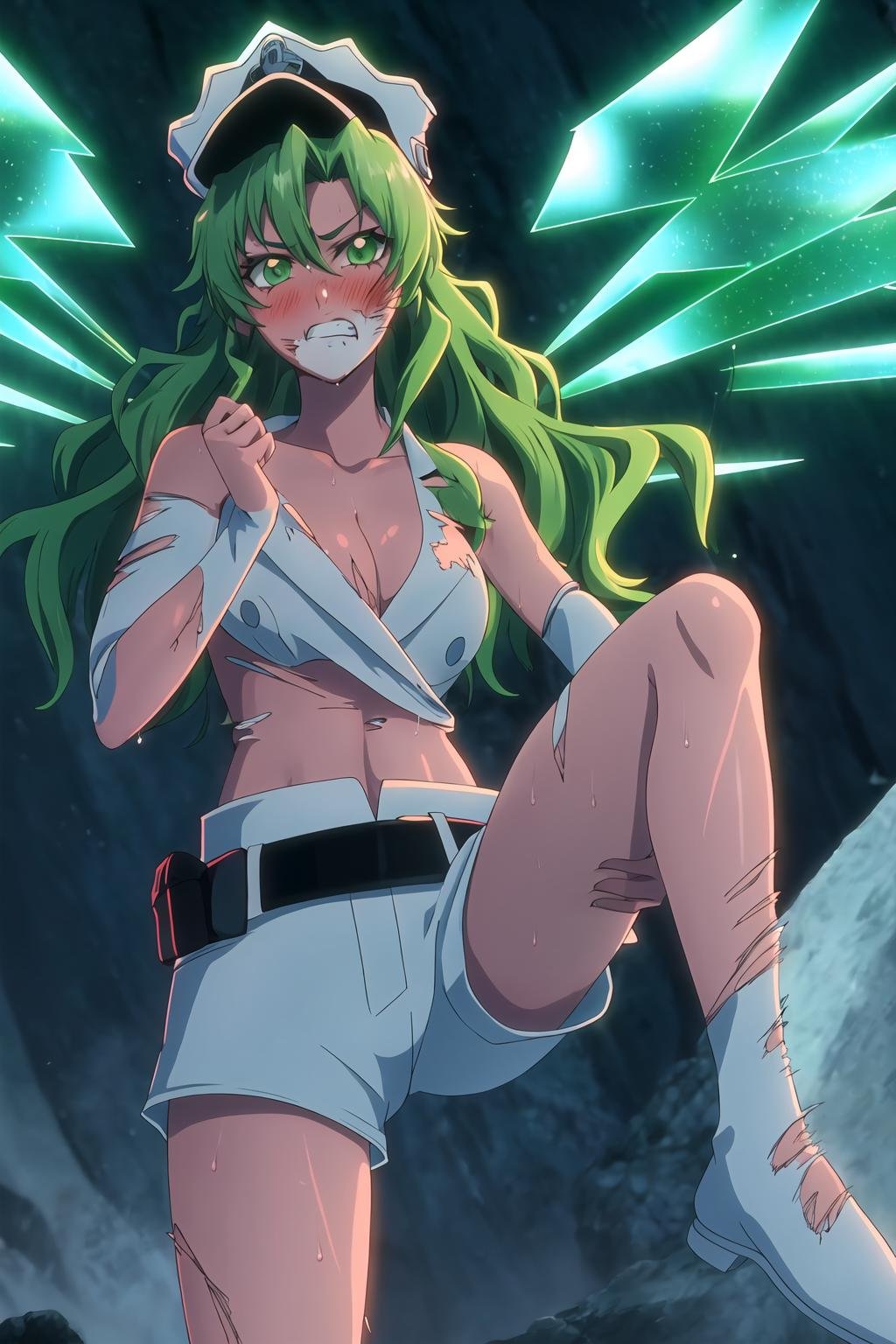 <lora:candice-pruned-000005:0.8>,1girl, solo, long hair, looking at viewer, hat, green hair, wings, belt, blush, wet, glowing, torn clothes, green eyes, shorts, clenched teeth
