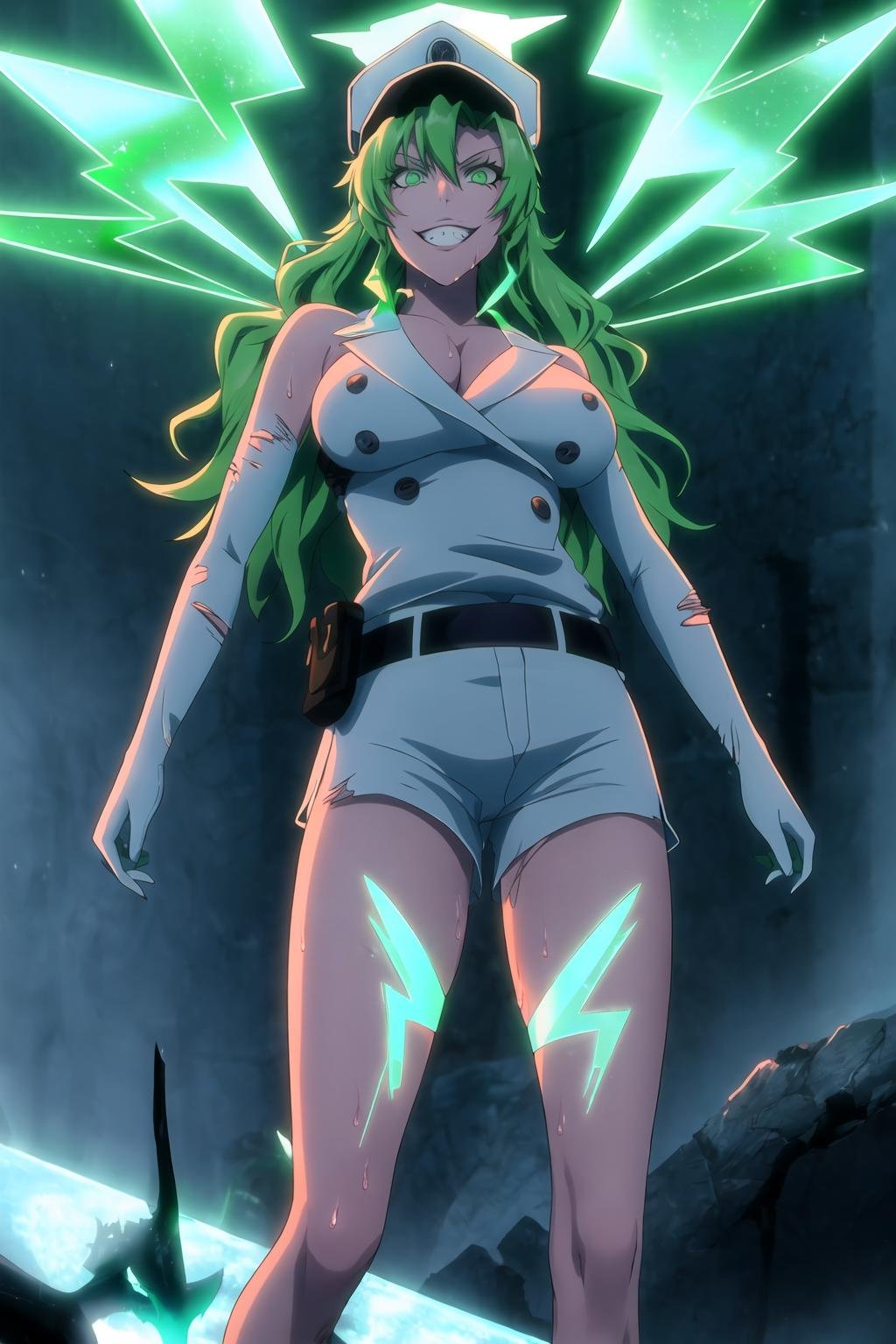 <lora:candice-pruned-000005:0.8>,1girl, solo, long hair, looking at viewer, big breasts, hat, green hair, wings, belt, wet, glowing, torn clothes, green eyes, white shorts, grin, glowing, standing