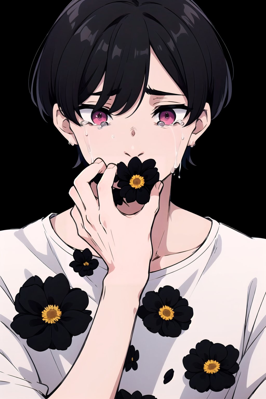 Hanahaki disease, tears, crying, sad, looking_at_viewer,  black hair, dull eyes, pink eyes, shorthair, black flowers, 1boy,