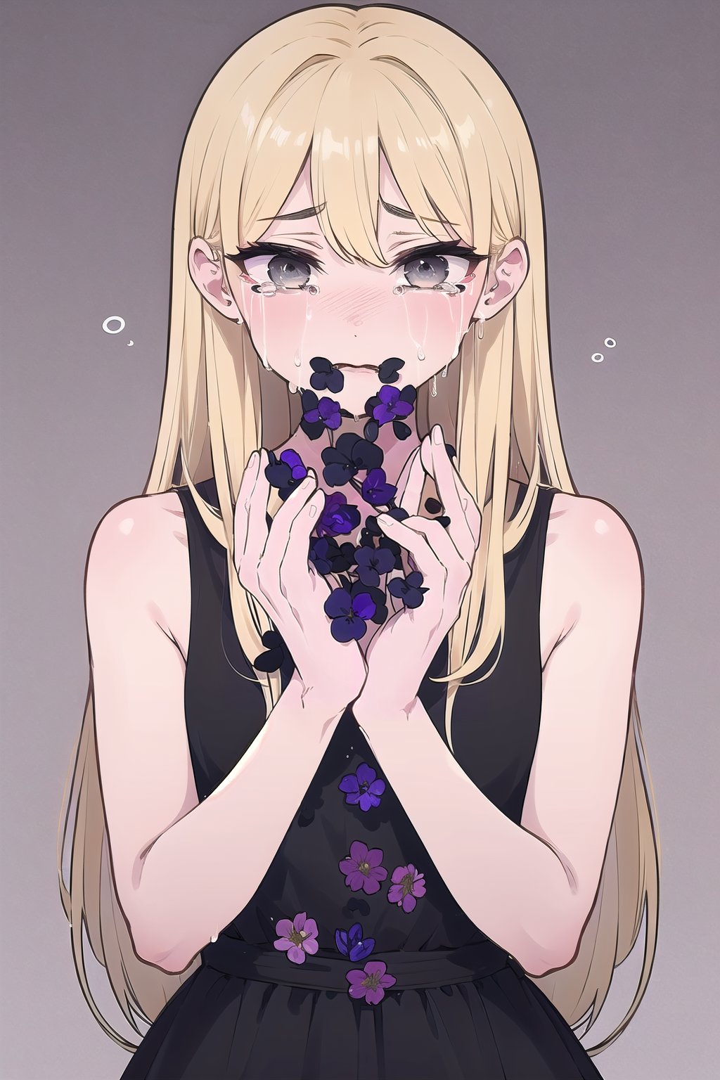 Hanahaki disease, tears, crying, sad, looking_at_viewer,  1girl, long blonde hair, gray eyes, dress, black flowers,