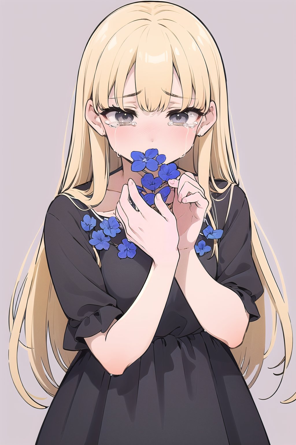 Hanahaki disease, tears, crying, sad, looking_at_viewer,  1girl, long blonde hair, gray eyes, dress, 