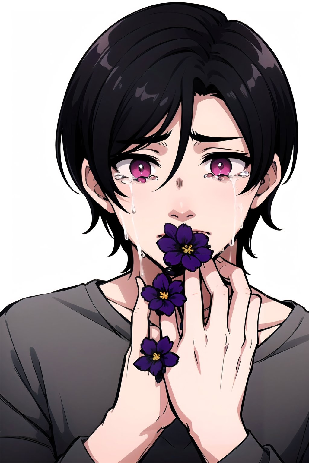 Hanahaki disease, tears, crying, sad, looking_at_viewer,  black hair, dull eyes, pink eyes, shorthair, black flowers, 1boy,